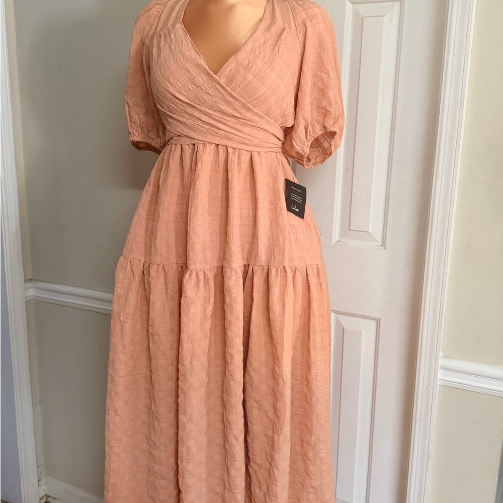Lulu's Peach Wrap-Tier Maxi Dress
